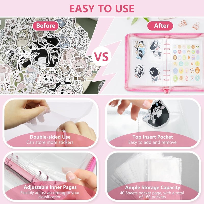 Ruatu Sticker Storage Organizer Binder A5 Reusable Sticker Book Collecting Holder Keeper Album with Pocket Zipper for Adult (pink) - Image 4
